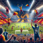 alt_text: Pemain merayakan gol dramatis di babak knockout Liga Champions dengan suporter bersorak.