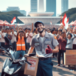 alt_text: Seorang pembeli gembira berpose dengan motor listrik yang diperoleh di sebuah pasar murah.