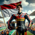 alt_text: Veda Ega merayakan kemenangan Moto3 besar di Brazil dengan lompatan penuh semangat.