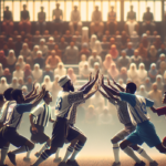 alt_text: Pemain sepak bola saling berjabat tangan di lapangan dengan batasan politik terlihat di latar.