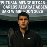 alt_text: Alcaraz di lapangan Wimbledon 2026, tribun penonton tampak kosong dan sepi.