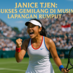 alt_text: Janice Tjen raih kemenangan spektakuler di Birmingham-Open di lapangan rumput Inggris.