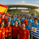 alt_text: Penggemar Spanyol dan Uruguay memadati Stadion Akron untuk Piala Dunia 2026.