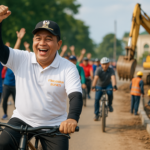 alt_text: Bupati Barito Utara bersepeda bersama warga, menggunakan olahraga untuk memantau pembangunan.