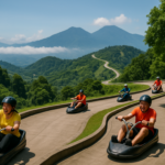 alt_text: Pengunjung meluncur di lintasan Go-Luge Puncak Bogor dengan pemandangan awan di sekelilingnya.
