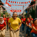 Perayaan meriah dengan hiasan kreatif, semarak bendera, dan antusiasme ibu-ibu di Gang Batam.